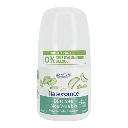 Natessance - Desodorante Aloe Vera Bio - Piel normal a sensible - Eficiencia 24h - Sin alcohol - Certificado Bio Cosmos Organic - Frasco Roll-On 50 ml