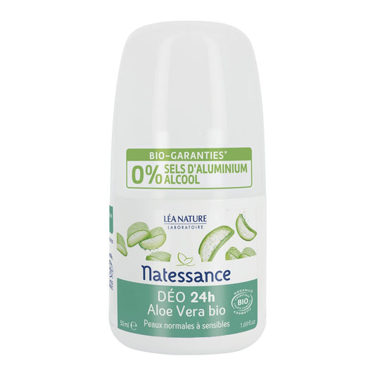 Natessance - Desodorante Aloe Vera Bio - Piel normal a sensible - Eficiencia 24h - Sin alcohol - Certificado Bio Cosmos Organic - Frasco Roll-On 50 ml