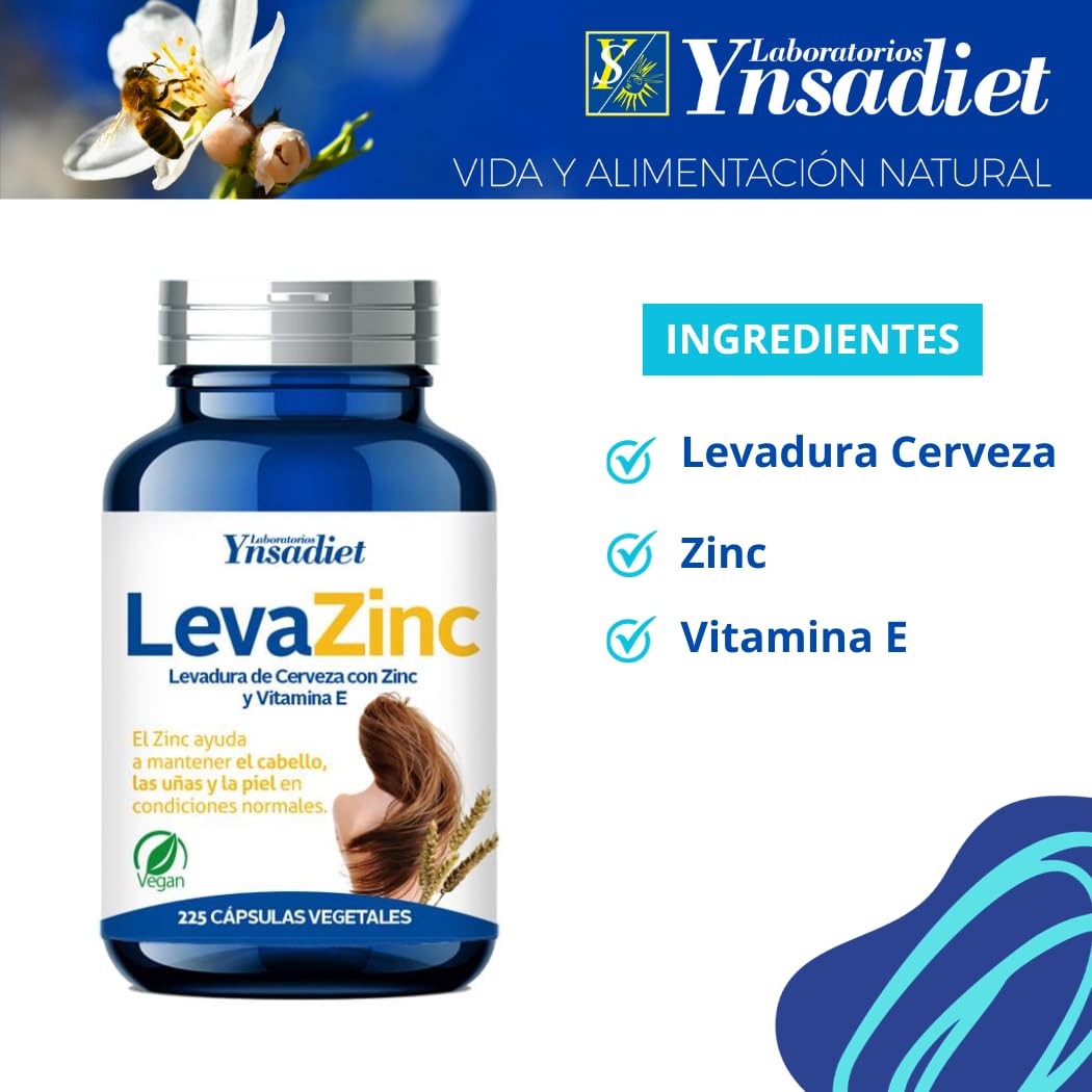 LEVA ZINC Complemento alimenticio de zinc, levadura de cerveza y vitamina E para ayudar a prevenir la caída del cabello también bueno para cabello piel y uñas Suplemento de vitaminas para fortalecer el pelo 225 cápsulas vegetales HIJAS DEL SOL vegano