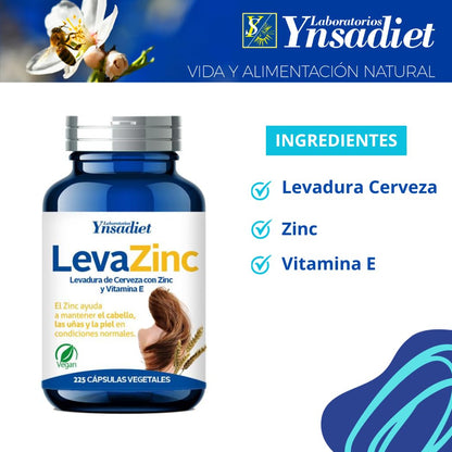 LEVA ZINC Complemento alimenticio de zinc, levadura de cerveza y vitamina E para ayudar a prevenir la caída del cabello también bueno para cabello piel y uñas Suplemento de vitaminas para fortalecer el pelo 225 cápsulas vegetales HIJAS DEL SOL vegano