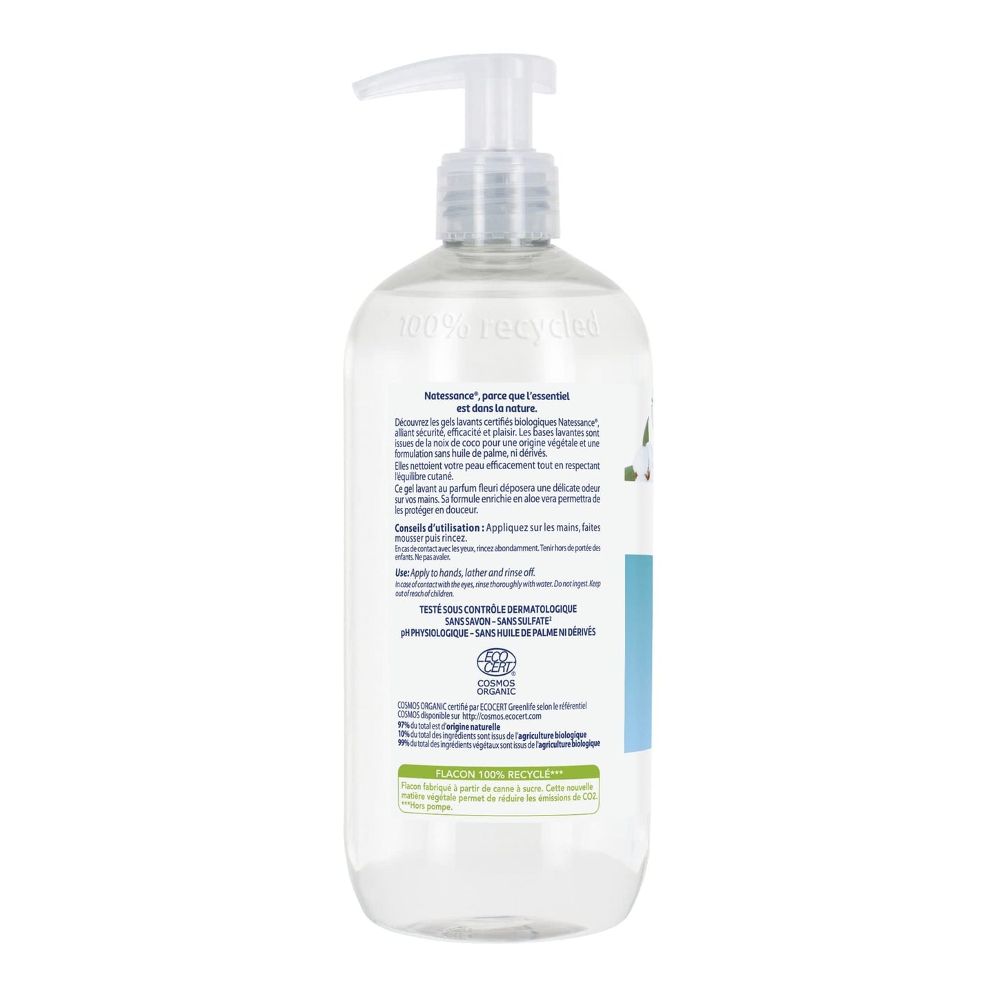 Natessance - Gel Lavant Manos Suaves Flores de Algodón - Certificado Biológico Cosmos Organic - Enriquecido con Aloe Vera - PH Fhysiológico - Frasco Bomba, 500 ml