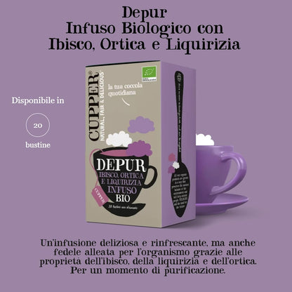 Cupper - Caja de 20 Bolistas de Infusiones Ecológicas Depur - Apto para Veganos - Propiedades Depurativas y Diuréticas - Contiene Hibisco, Ortiga y Raíz de Regaliz