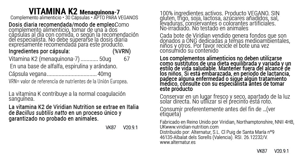 Viridian Vitamina K2-30 Cápsulas