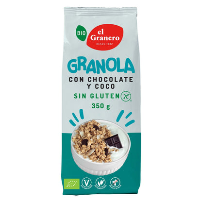El Granero Integral - Granola con Chocolate y Coco sin Gluten BIO - 350 g - Fuente de Fibra y Nutrientes Esenciales - Mejora la Salud Intestinal - Ideal para el Desayuno - Apto para Veganos