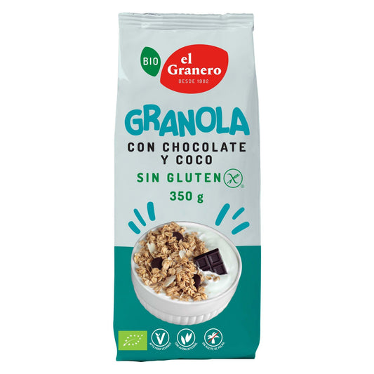 El Granero Integral - Granola con Chocolate y Coco sin Gluten BIO - 350 g - Fuente de Fibra y Nutrientes Esenciales - Mejora la Salud Intestinal - Ideal para el Desayuno - Apto para Veganos
