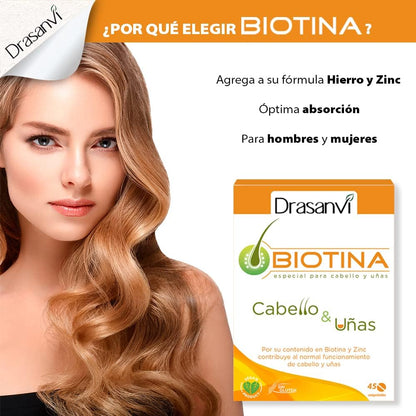 DRASANVI Biotina |contiene Vitamina H, Hierro y Zinc|para cabello y uñas| ayuda a reforzar la función de la queratina|Vitamina esencial|Pelo Sano y Fuerte|45 comprimidos=45días