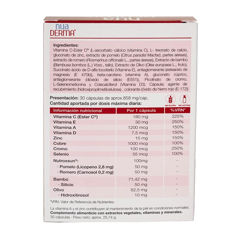 Nua Biological - NuaDerma, Complemento Alimenticio con Hidroxitirosol, Nutroxsun, Vitaminas y Minerales para Proteger y Nutrir la Piel del Envejecimiento - 30 cápsulas (858mg)
