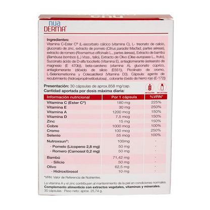 Nua Biological - NuaDerma, Complemento Alimenticio con Hidroxitirosol, Nutroxsun, Vitaminas y Minerales para Proteger y Nutrir la Piel del Envejecimiento - 30 cápsulas (858mg)