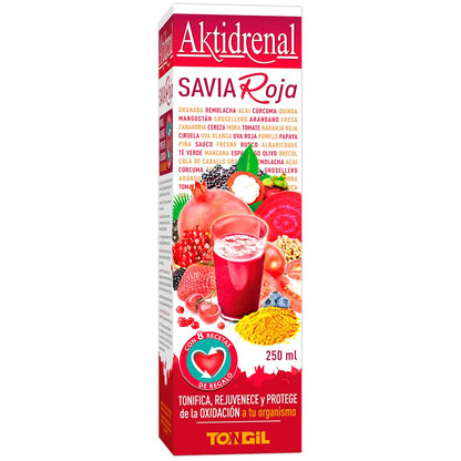 Tongil - Aktidrenal Savia Roja 250ml - Concentrado de Plantas, Frutos Rojos, Verduras, Quinoa, Vitaminas y Minerales - Más de 35 nutrientes para tonificar, rejuvenecer y combatir la oxidación