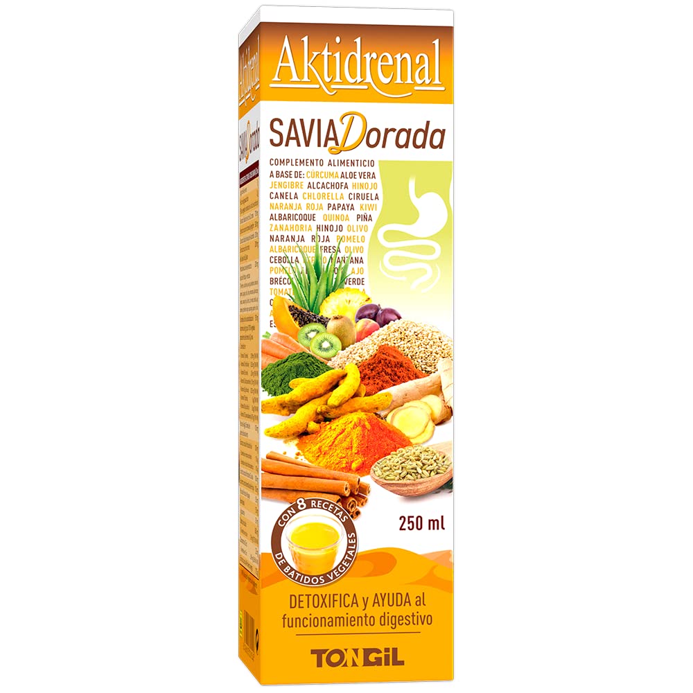 Tongil - Aktidrenal Savia Dorada 250ml - Cúrcuma, Hinojo, Canela, Chlorella, Aloe Vera, Frutas, Verduras, Enzimas, vitaminas y Minerales - Detoxifica y Favorece el Confort Digestivo - Apto Veganos