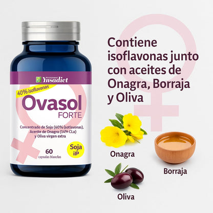 Ovasol Forte 60 cápsulas | Isoflavonas de Soja 40% | Aceite de Onagra, Borraja y Oliva Virgen Extra | Con Vitamina E | Complemento alimenticio para el bienestar femenino