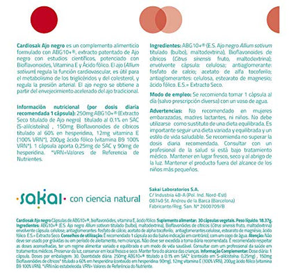 Sakai - Cardiosak Ajo Negro - Regula la función cardiovascular - Triglicéridos - Tensión arterial - Colesterol - ABG10+, Bioflavonoides, Vitamina E y Ácido Fólico - Sin olor - Sin sabor