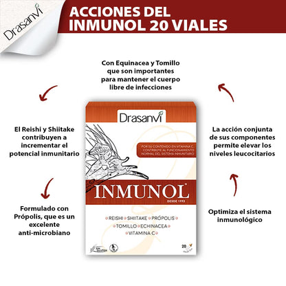 INMUNOL con Própolis, Tomillo, Reishi, Vitamina C, Shiitake y Echinacea | Ayuda a reforzar nuestro sistema inmunitario | Contiene Cobre y Selenio | Rápida absorción | 20 viales Sabor Limón