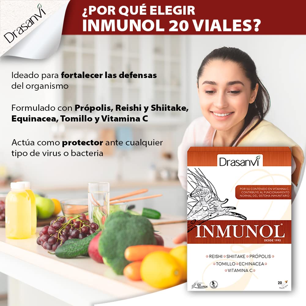 INMUNOL con Própolis, Tomillo, Reishi, Vitamina C, Shiitake y Echinacea | Ayuda a reforzar nuestro sistema inmunitario | Contiene Cobre y Selenio | Rápida absorción | 20 viales Sabor Limón