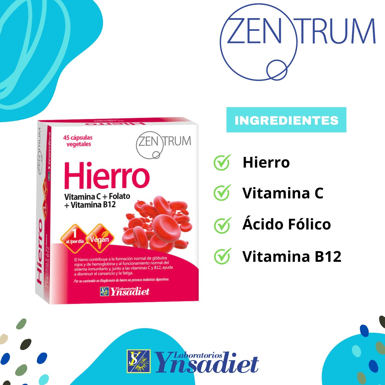 Hierro Bisglicinato con Vitamina C, B12 y Ácido Fólico | 45 Cápsulas Vegetales | Alta Absorción | Disminuye el Cansancio y la Fatiga | Laboratorios Ynsadiet