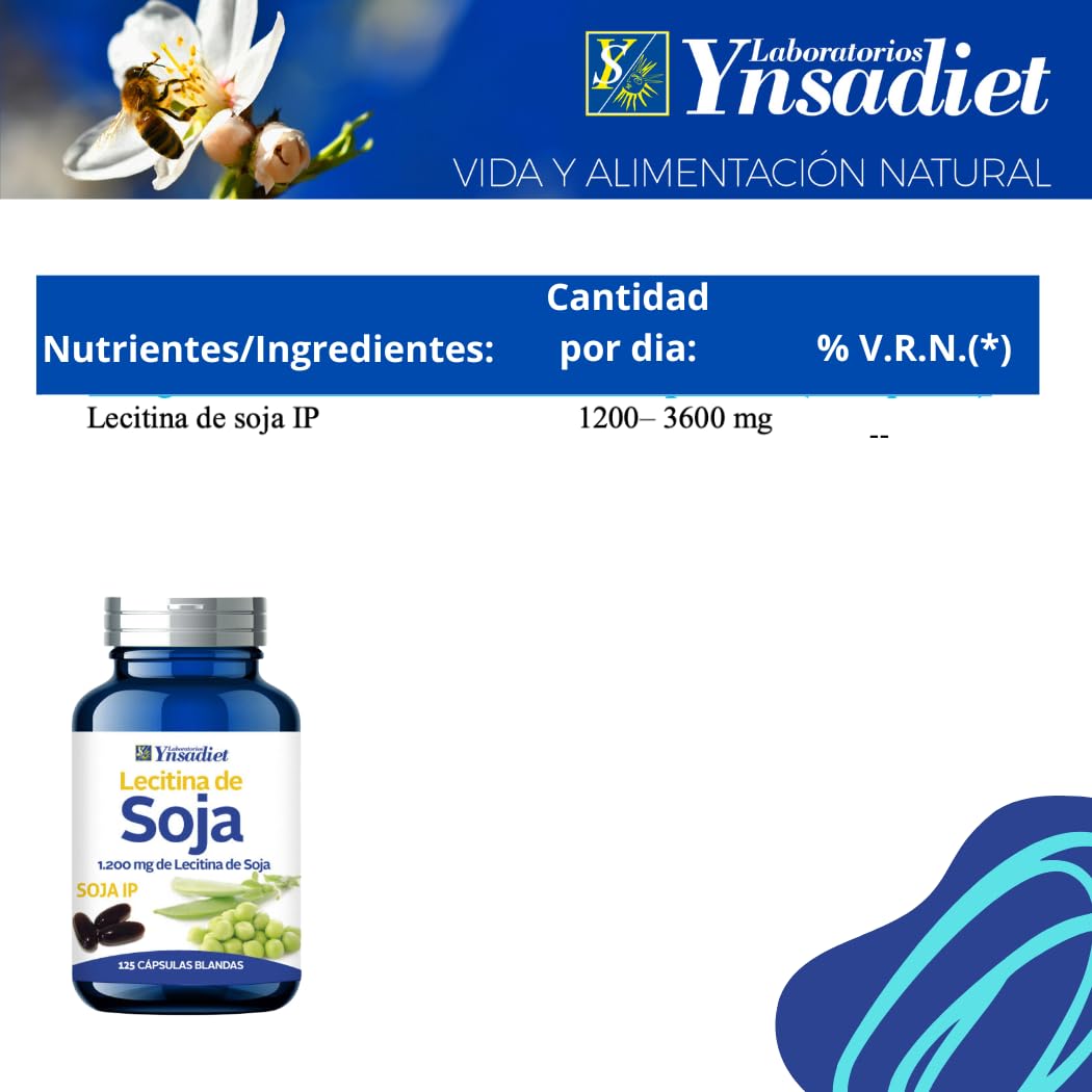 Lecitina de Soja IP 1.200 mg – 125 cápsulas blandas | No transgénica | Con fosfolípidos, colina e inositol | Ynsadiet | Apoya colesterol y memoria