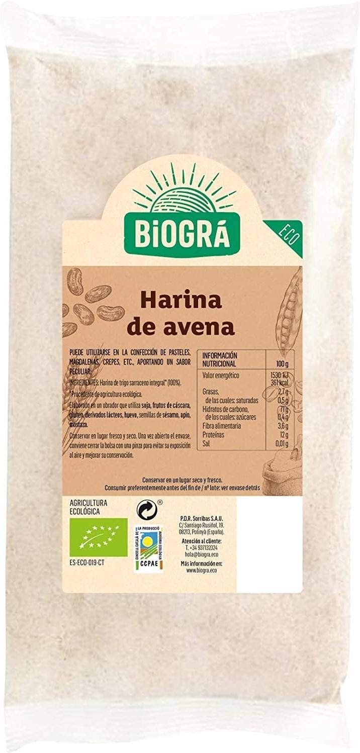 BIOGRÁ - Harina de Avena, Apto para Dieta Vegetariana, Fuente de Proteínas, Alto Contenido en Fibra, Ideal para Hacer Crepes, Pasteles, Pan o Espesar Salsas, 500g