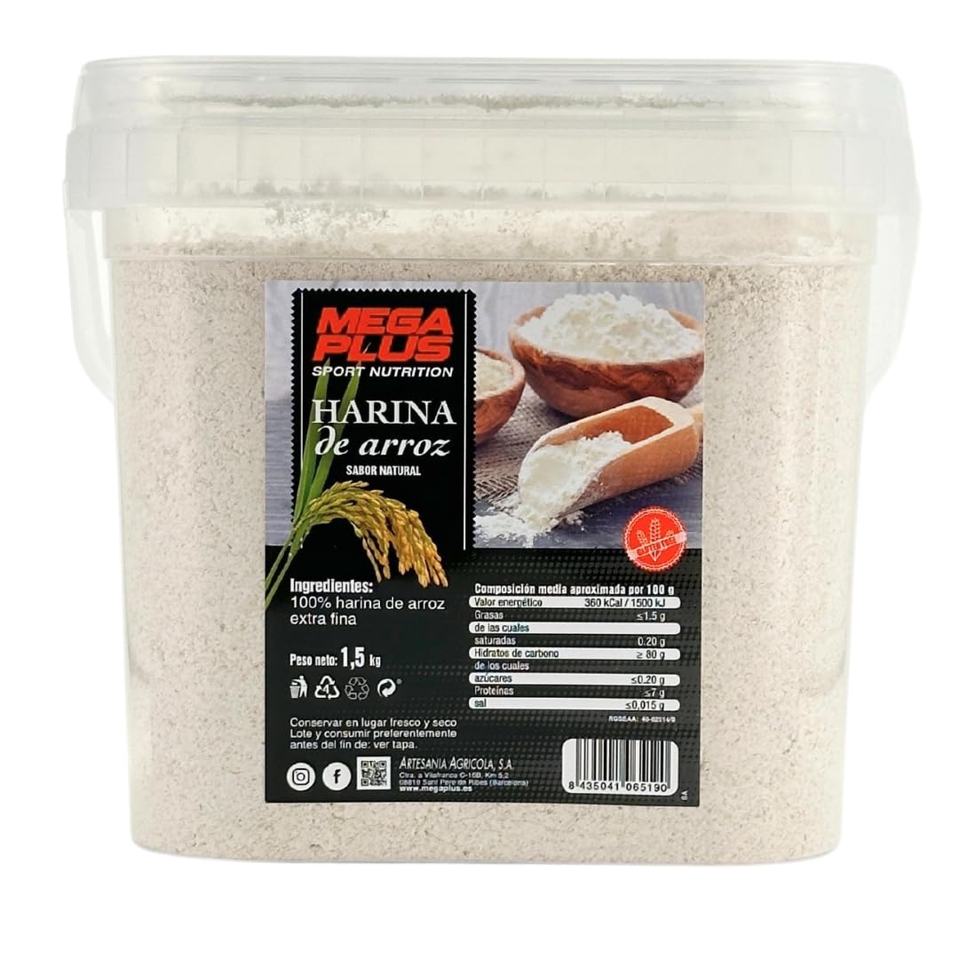 Harina de Arroz - Mega Plus, Harina Arroz para batidos, Reposteria, Nutrición Completa y Sin Gluten, con Aporte de Carbohidratos. Ideal para Celiacos." 1,5 kg 100% harina de arroz extra fina.