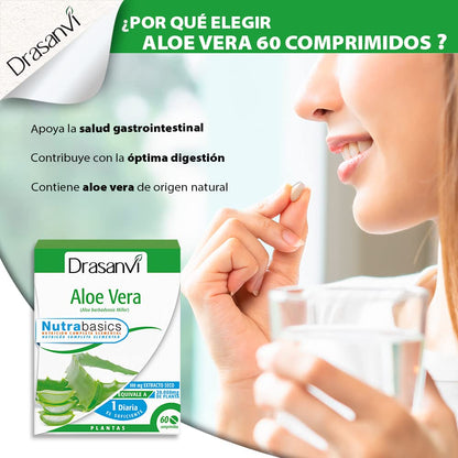 DRASANVI Aloe Vera rico en Vitaminas, Minerales y Aminoácidos | Propiedades Antioxidantes | Sistema Digestivo | Prebiótico Natural para la Microbiota Intestinal | 60 Comprimidos = 60 Días