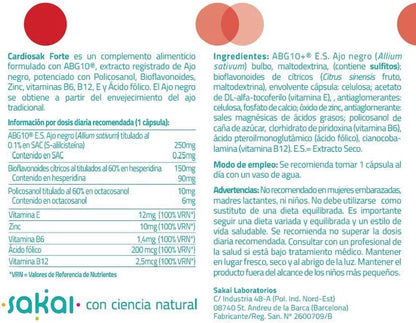 Cardiosak Forte SAKAI | Ajo Negro ABG10+® 250 mg con Vitaminas B6, B12, E, Zinc y Ácido Fólico | Apoyo al Colesterol y Bienestar Cardiovascular | 30 Cápsulas
