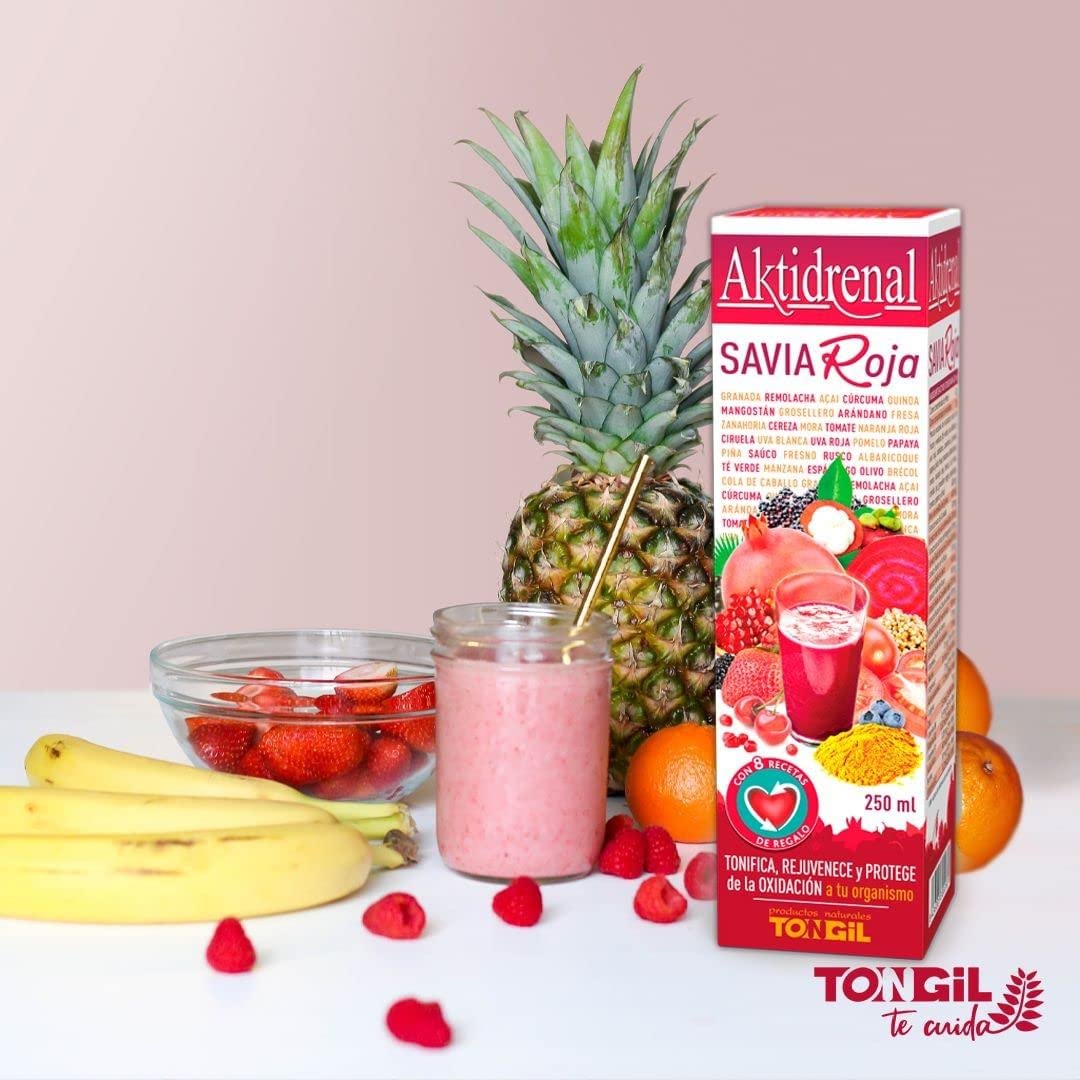 Tongil - Aktidrenal Savia Roja 250ml - Concentrado de Plantas, Frutos Rojos, Verduras, Quinoa, Vitaminas y Minerales - Más de 35 nutrientes para tonificar, rejuvenecer y combatir la oxidación