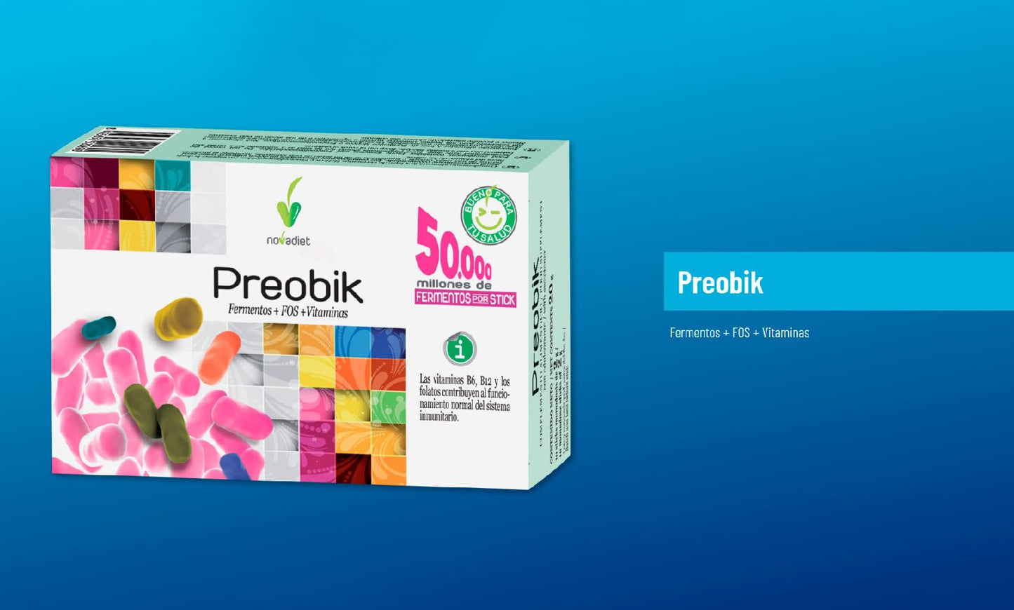 Novadiet - PREOBIK Sticks con Fermentos, FOS y Vitaminas - Complemento Alimenticio que Favorece el Sistema Inmunitario y el Bienestar Intestinal - 10 Sticks