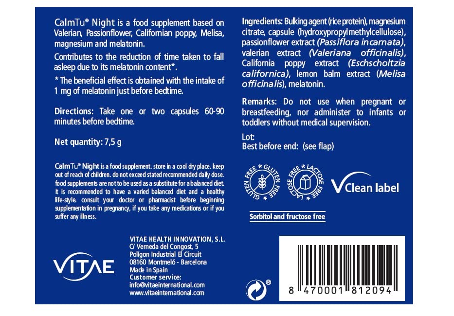 Vitae Calm Tu Night 30 cápsulas | Valeriana, Pasiflora, Amapola de Californa, Magnesio, Melisa, Melatonina (1mg) | Insomnio | Dormir y descansar | No efectos secundarios, 30, 30 unidad, 1