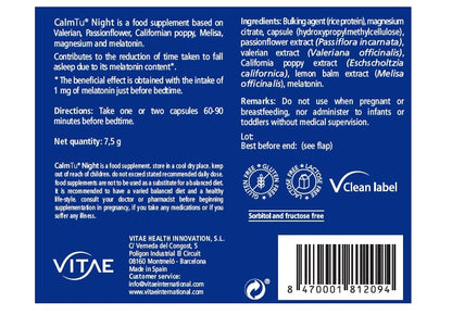 Vitae Calm Tu Night 30 cápsulas | Valeriana, Pasiflora, Amapola de Californa, Magnesio, Melisa, Melatonina (1mg) | Insomnio | Dormir y descansar | No efectos secundarios, 30, 30 unidad, 1