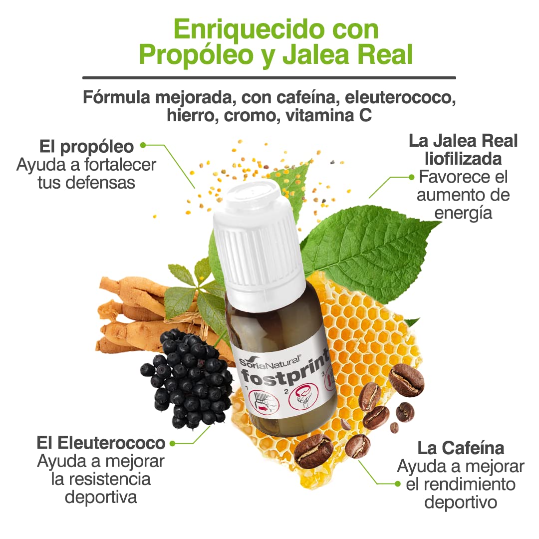 Soria Natural Fostprint Sport - Jalea Real, Vitamina B, C y D, Cafeína, Hierro, Cromo, NADH - Energía - Disminuye el cansancio y la fatiga - 20 viales