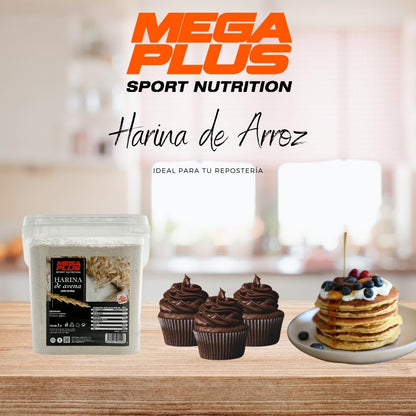 Harina de Arroz - Mega Plus, Harina Arroz para batidos, Reposteria, Nutrición Completa y Sin Gluten, con Aporte de Carbohidratos. Ideal para Celiacos." 1,5 kg 100% harina de arroz extra fina.