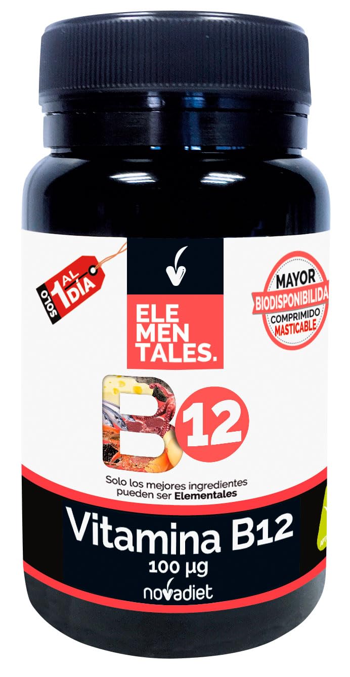 Novadiet - ELEMENTALES VITAMINA B12 100 mcg Comprimidos con Vitamina B12 - Complemento Alimenticio - Para el Sistema Nervioso y la Energía - 120 Comprimidos Masticables