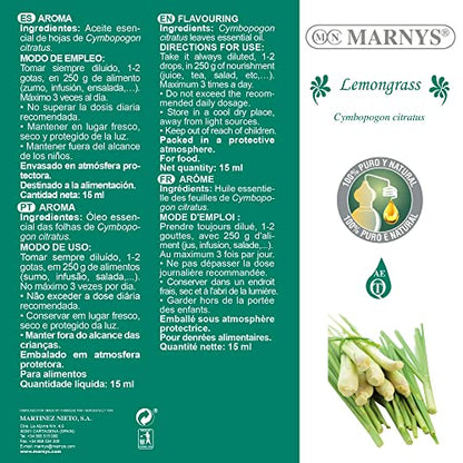 Marnys Aceite Esencial Lemongrass - 100% Puro Quimiotipado - Imprescindible para Tus Recetas de Comida Asiática - Botella 15 Ml 50 g