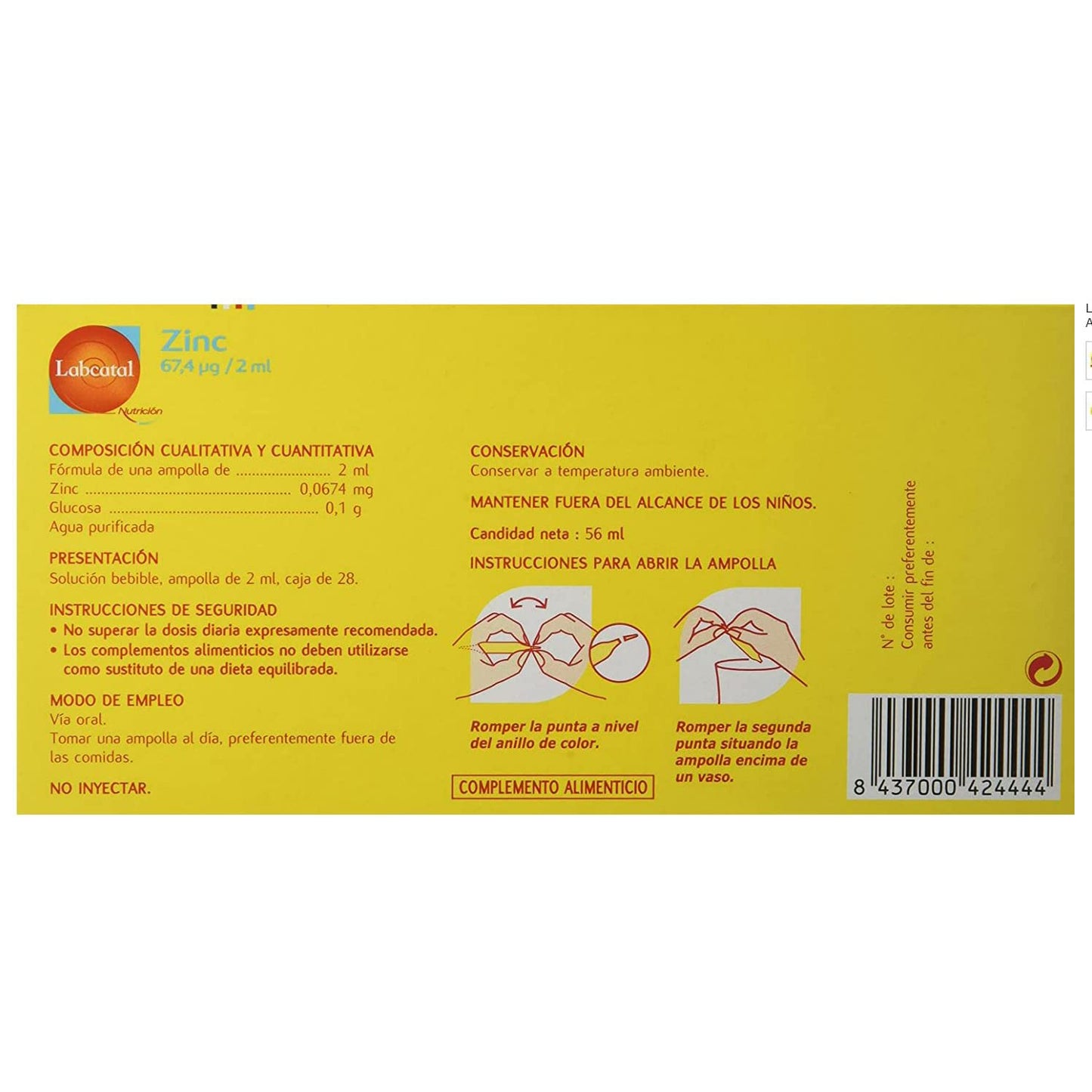 Labcatal Nutrición, Zinc, 28 Amp/ 2ml, 56 mililitro, 1