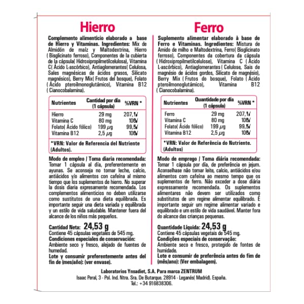 Hierro Bisglicinato con Vitamina C, B12 y Ácido Fólico | 45 Cápsulas Vegetales | Alta Absorción | Disminuye el Cansancio y la Fatiga | Laboratorios Ynsadiet