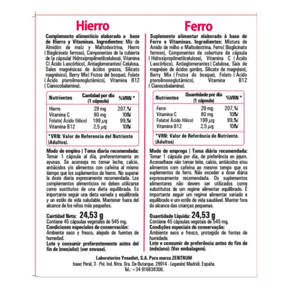 Hierro Bisglicinato con Vitamina C, B12 y Ácido Fólico | 45 Cápsulas Vegetales | Alta Absorción | Disminuye el Cansancio y la Fatiga | Laboratorios Ynsadiet