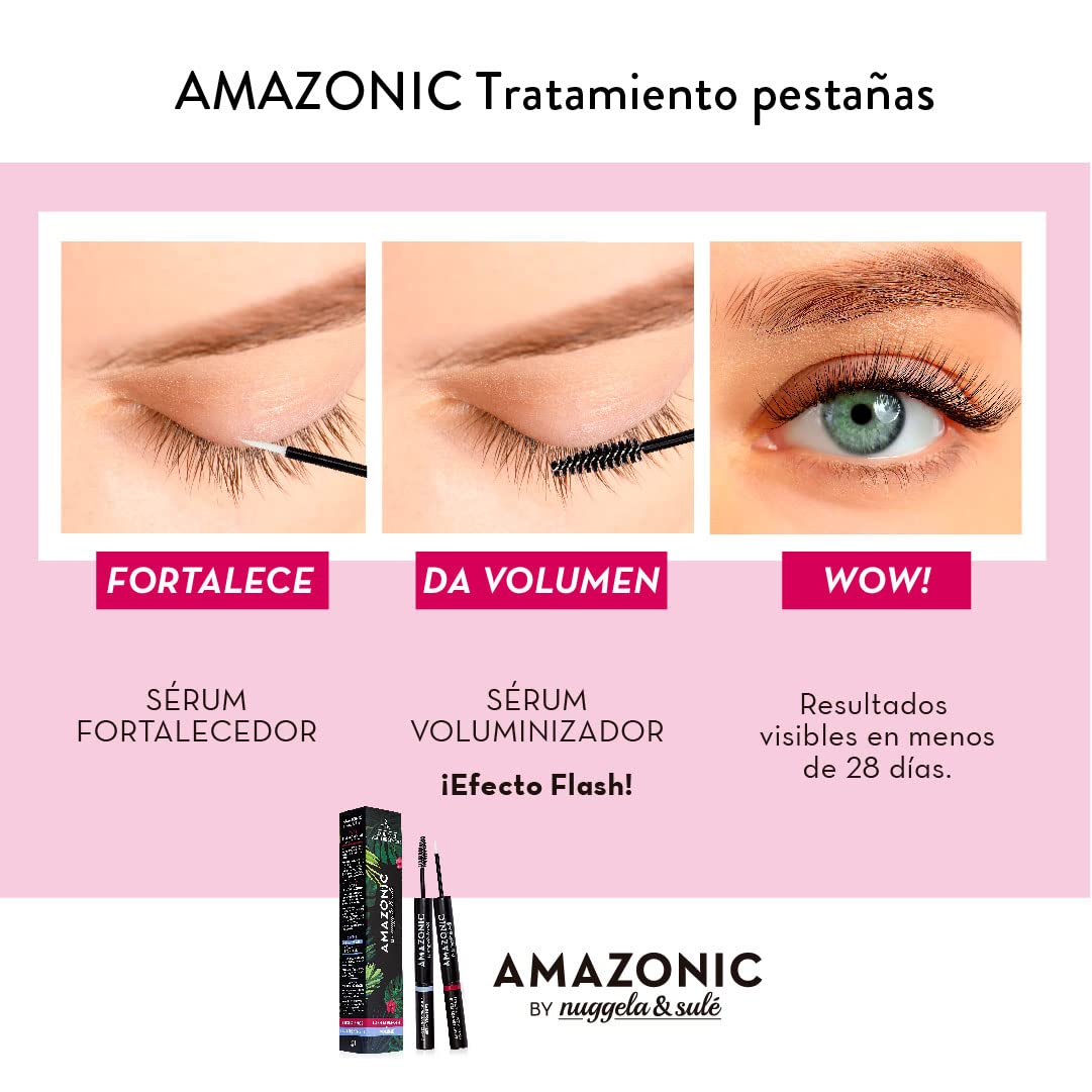 Amazonic Serum Crece Pestañas de Nuggela & Sulé. Realzador de Pestañas con Doble Acción: Fortalecedor + Voluminizador. 3ml + 3ml