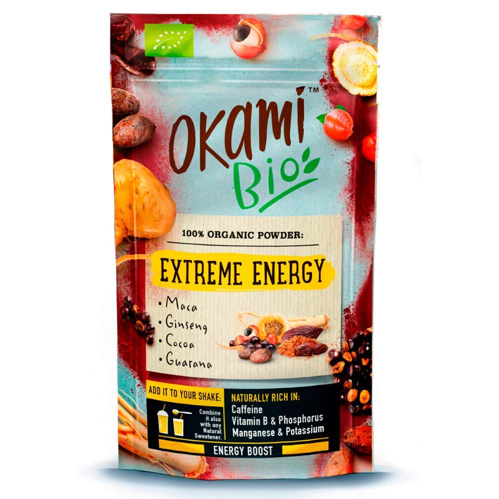 Okami Bio "Extreme Energy" Superfood Powder Mix 200 gr | Mezcla Vegana Orgánica de Maca, Cacao, Guaraná y Jengibre | Te da el mismo impulso que una bebida energética, pero 100% natural.