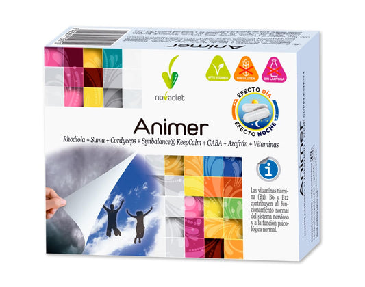 Novadiet – ANIMER Cápsulas con Rodiola, Suma, Cordyceps, Symbalance, KeepCalm, GABA, Azafrán y Vitaminas - Mejora el Estado de Ánimo, Reduce la Fatiga Física y Mental - 60 Cápsulas Vegetales