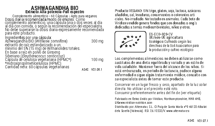 Viridian Ashwagandha Extracto Bio - 60 Cápsulas