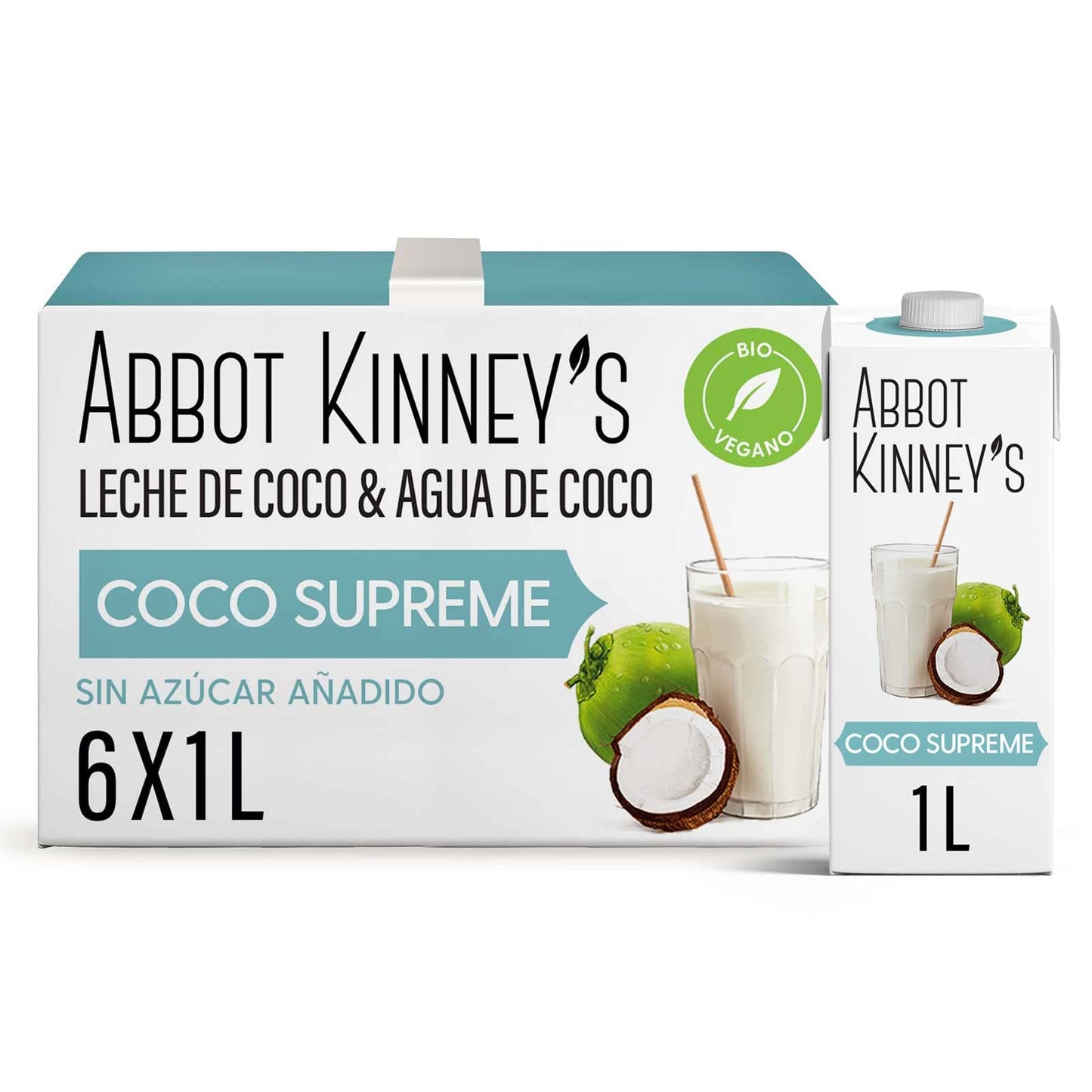 Abbot Kinney's - Pack de 6 Unidades de 1 L de Bebida Ecológica Vegetal de Coco Supreme - Sin Azúcar Añadido - Apto para Veganos - Sin Lactosa - Ideal para Tomar Sola, con Café o en Batidos