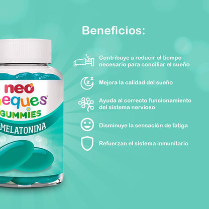 Neo Peques | Gummies Melatonina para Conciliar el Sueño 30 Unidades | Gominolas con Vitamina B6 | Tomar 1 o 2 al Día | Para Mayores de 3 años | Caramelo Masticable Infantil Sabor a Mora