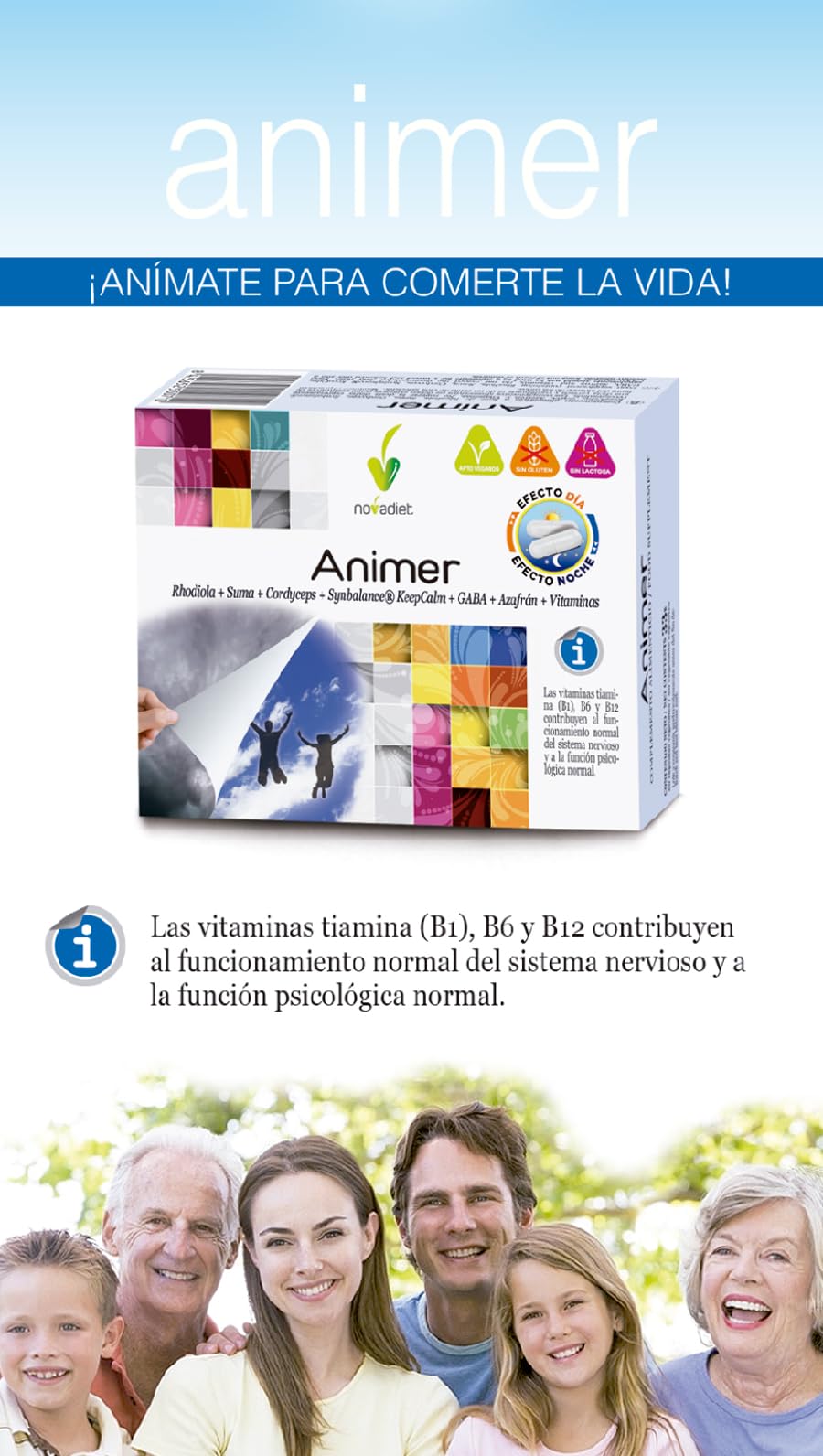 Novadiet – ANIMER Cápsulas con Rodiola, Suma, Cordyceps, Symbalance, KeepCalm, GABA, Azafrán y Vitaminas - Mejora el Estado de Ánimo, Reduce la Fatiga Física y Mental - 60 Cápsulas Vegetales