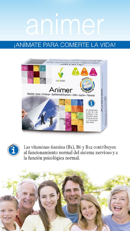 Novadiet – ANIMER Cápsulas con Rodiola, Suma, Cordyceps, Symbalance, KeepCalm, GABA, Azafrán y Vitaminas - Mejora el Estado de Ánimo, Reduce la Fatiga Física y Mental - 60 Cápsulas Vegetales