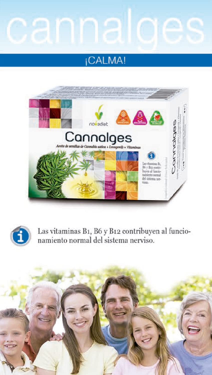 Novadiet - CANNALGES Cápsulas con Aceite de Semillas de Cannabis, Levagen y Vitaminas – Ayuda a Aliviar el Dolor y la Inflamación, al Correcto Funcionamiento Normal del Sistema Nervioso - 30 Cápsulas