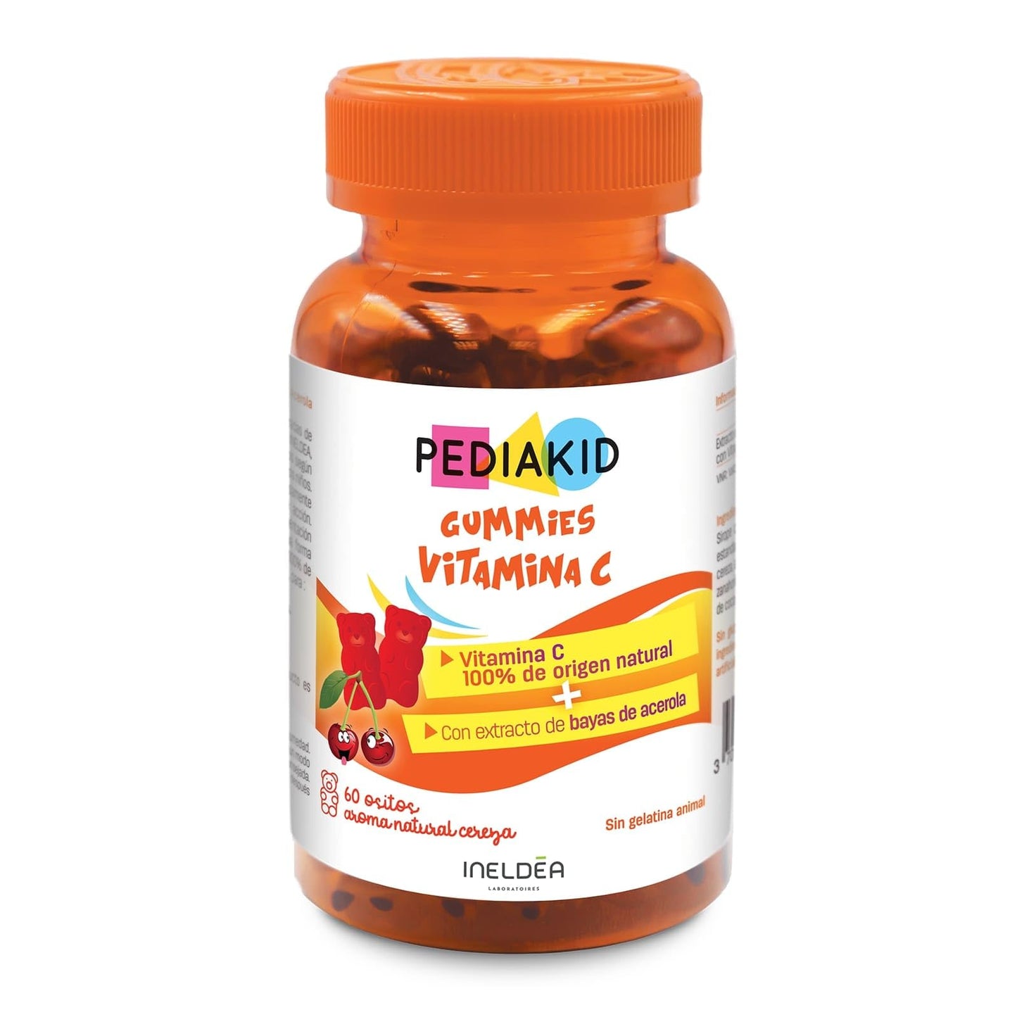 PEDIAKID - Gummies Vitamina C - Fórmula Natural con Delicioso Aroma de Cereza - Ayuda a Reducir la Fatiga - Refuerza el Metabolismo Energético y las Defensas del Organismo - 60 gominolas