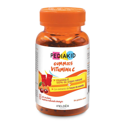 PEDIAKID - Gummies Vitamina C - Fórmula Natural con Delicioso Aroma de Cereza - Ayuda a Reducir la Fatiga - Refuerza el Metabolismo Energético y las Defensas del Organismo - 60 gominolas