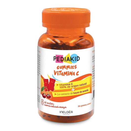 PEDIAKID - Gummies Vitamina C - Fórmula Natural con Delicioso Aroma de Cereza - Ayuda a Reducir la Fatiga - Refuerza el Metabolismo Energético y las Defensas del Organismo - 60 gominolas
