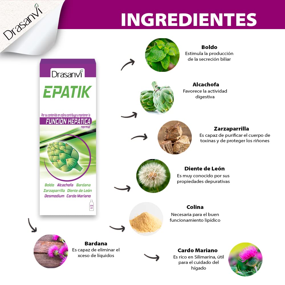 DRASANVI Epatik con Colina, Desmodium, Cardo Mariano y Otros Extractos| Para la Función Hepática | Desintoxicación y Depuración del Organismo | Contiene Vitamina B6 | 250 ml = 8 Días| Sabor Limón