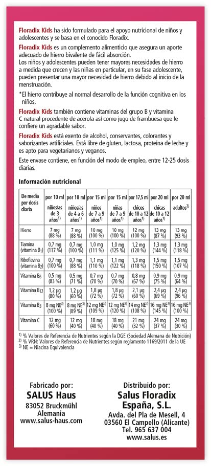 Salus - Floradix Kids Suplemento de Hierro - 250 ml - Reduce el Cansancio y la Fatiga - Contiene Hierro y Vitaminas B1, B2, B6, B12 y C - Apoya el Desarrollo Mental y la Función Cognitiva
