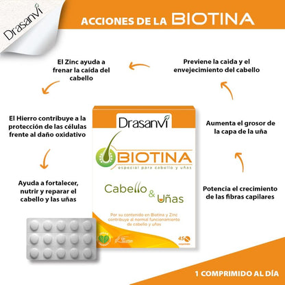 DRASANVI Biotina |contiene Vitamina H, Hierro y Zinc|para cabello y uñas| ayuda a reforzar la función de la queratina|Vitamina esencial|Pelo Sano y Fuerte|45 comprimidos=45días